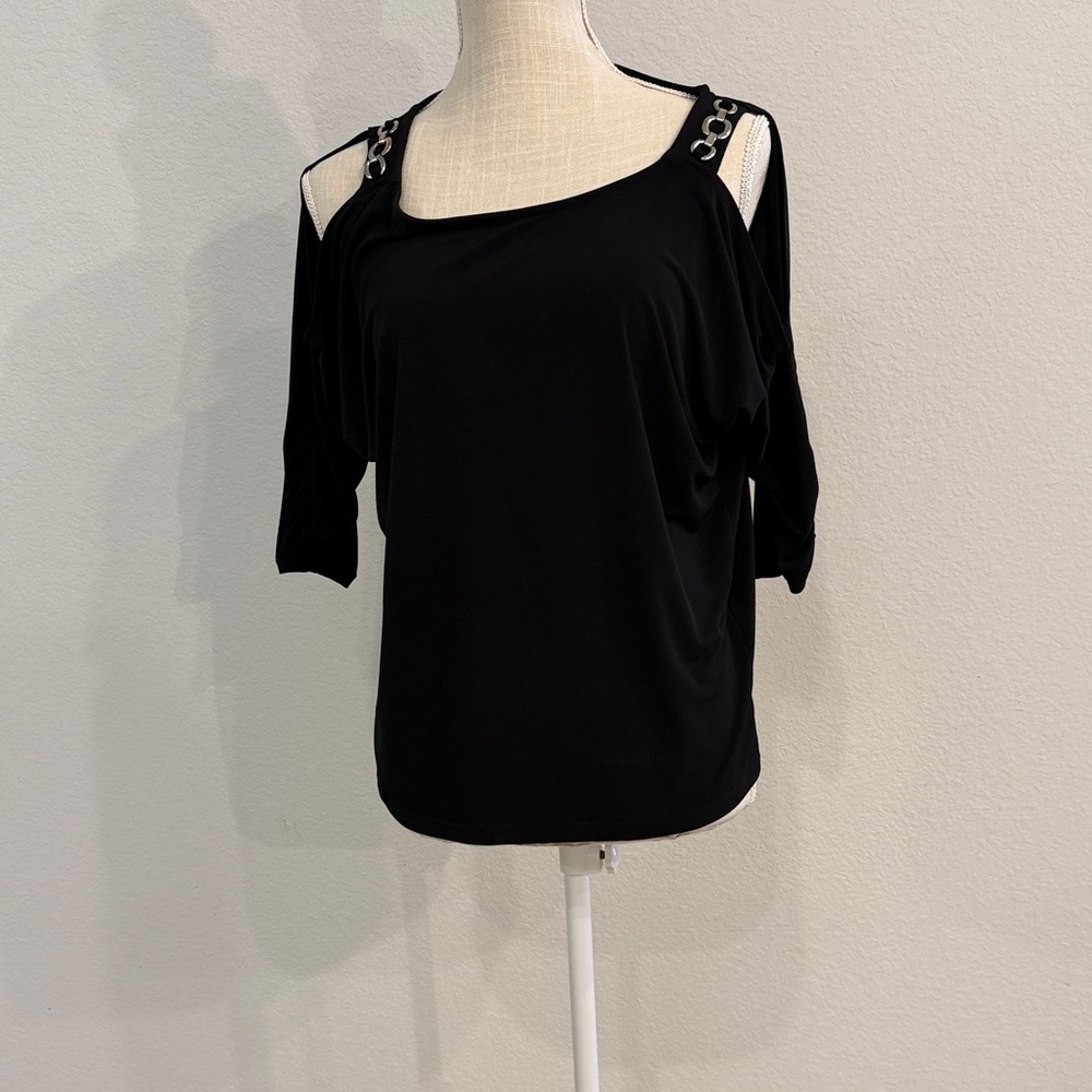 Chico's Black Cold-Shoulder Top with Silver Ring Accents